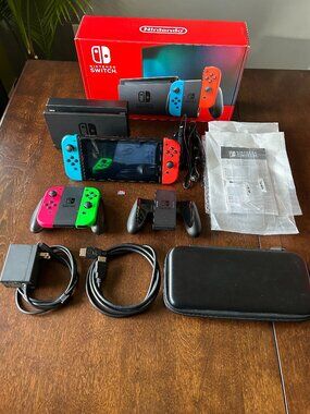 Nintendo SWITCH Black 32GB Console HAC-001(01) Neon Red & Blue Joy-Cons + Extras
